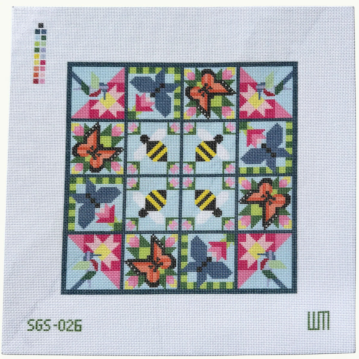 Pollinator Quilt Hand-Painted Needlepoint Canvas – 18 Mesh | Spring Gate Stitchery