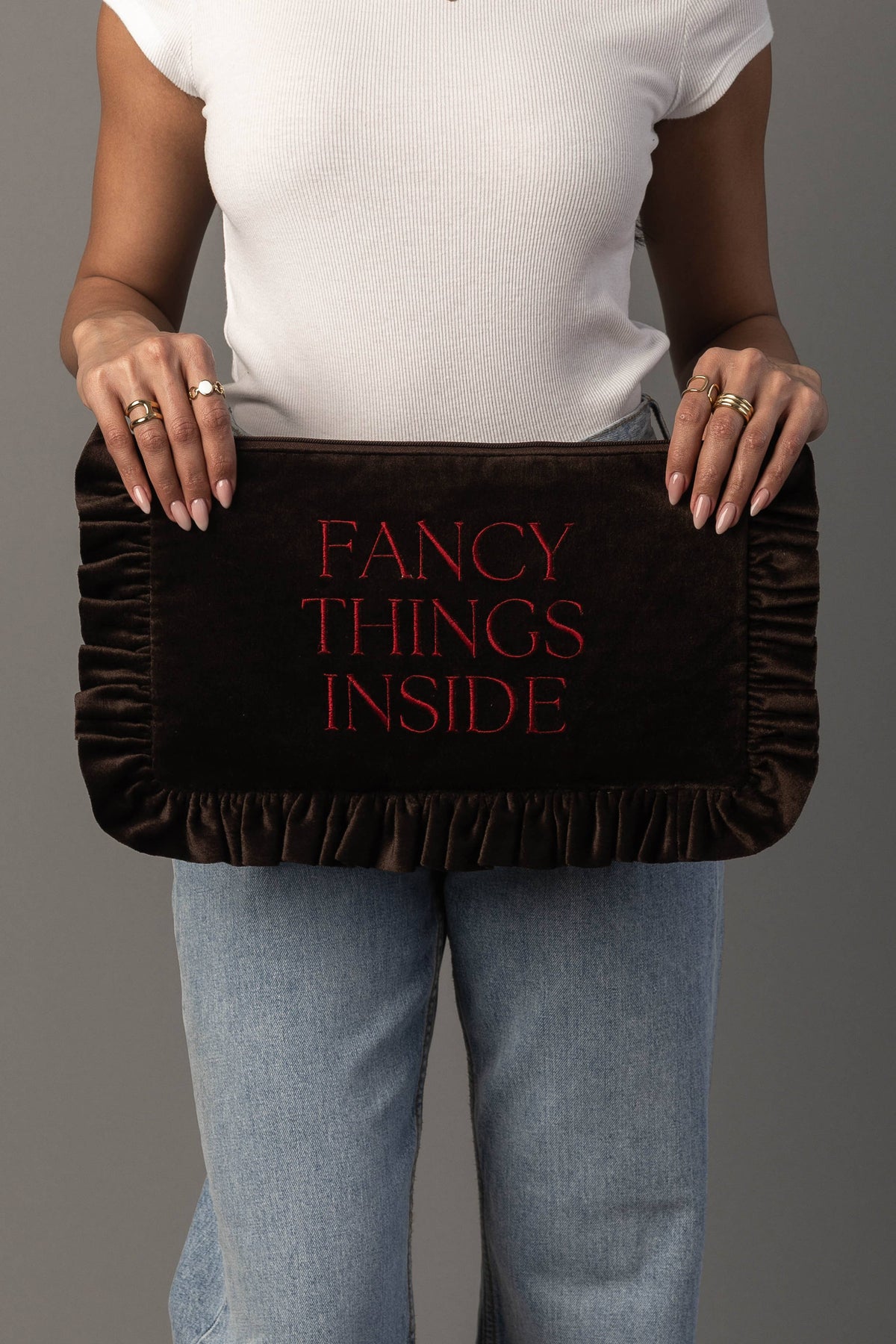 Fancy Things Inside ruffle needlepoint travel pouch additional view