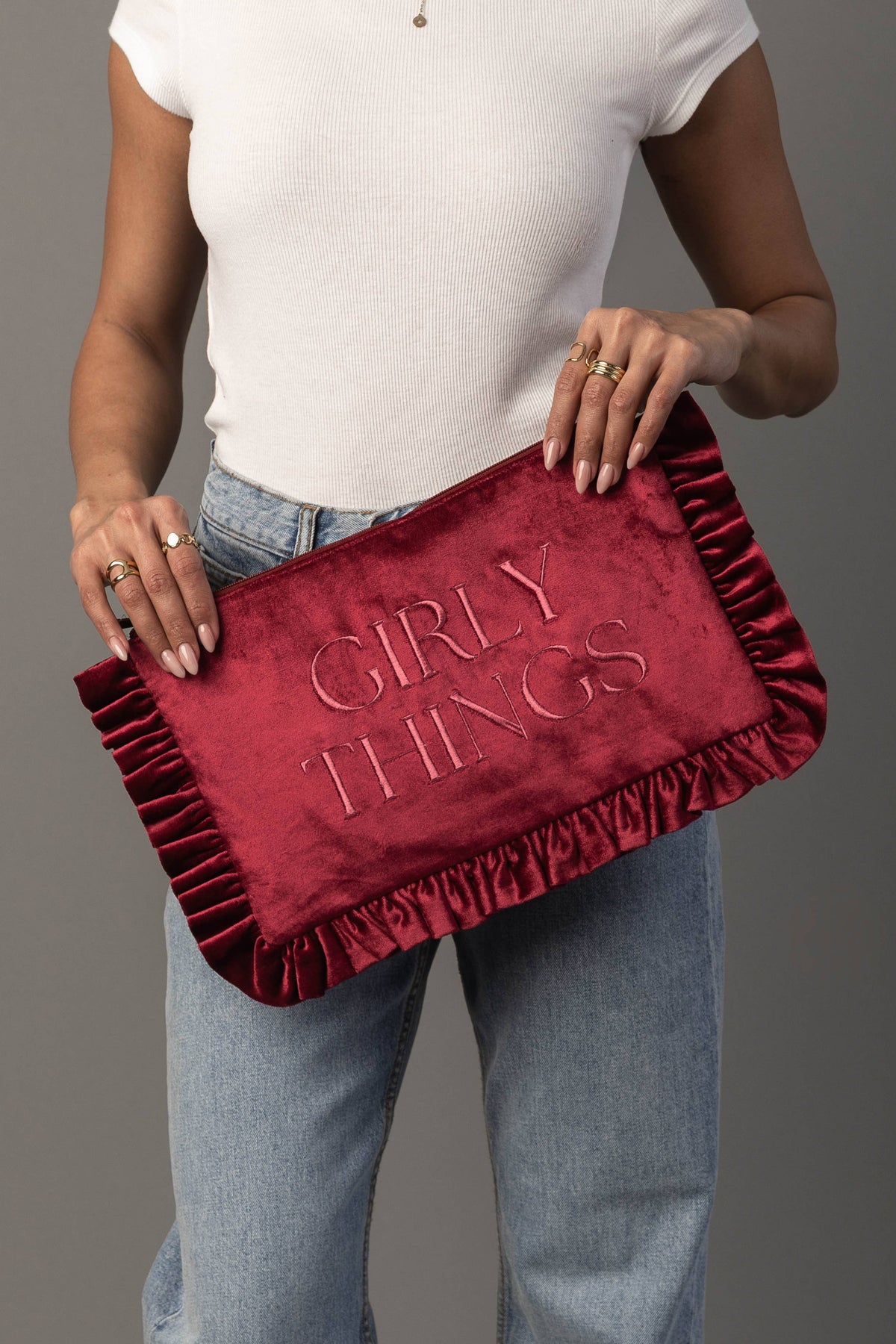 Girly Things pink ruffle needlepoint travel pouch detail