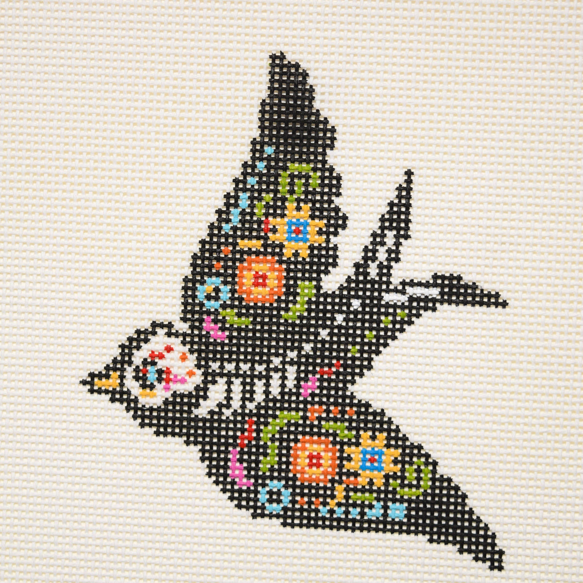 Día de los Muertos Bird needlepoint canvas by La Fete Needlepoint, 13 mesh hand-painted design