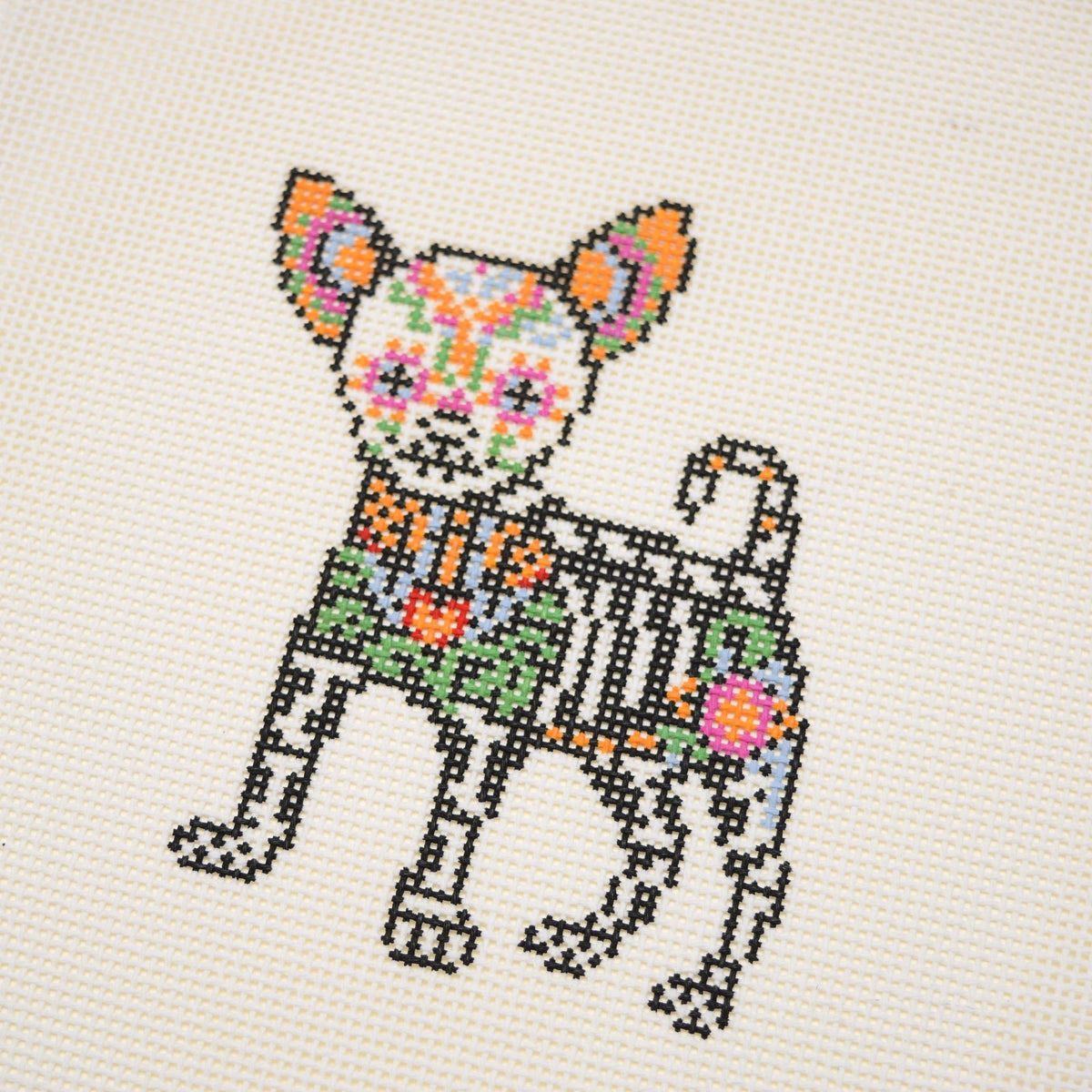 Día de los Muertos Chihuahua needlepoint canvas by La Fete Needlepoint, 13 mesh hand-painted design