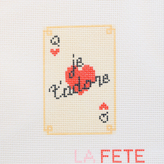 Le T’adore romantic playing card needlepoint canvas by La Fete Needlepoint, 13 mesh