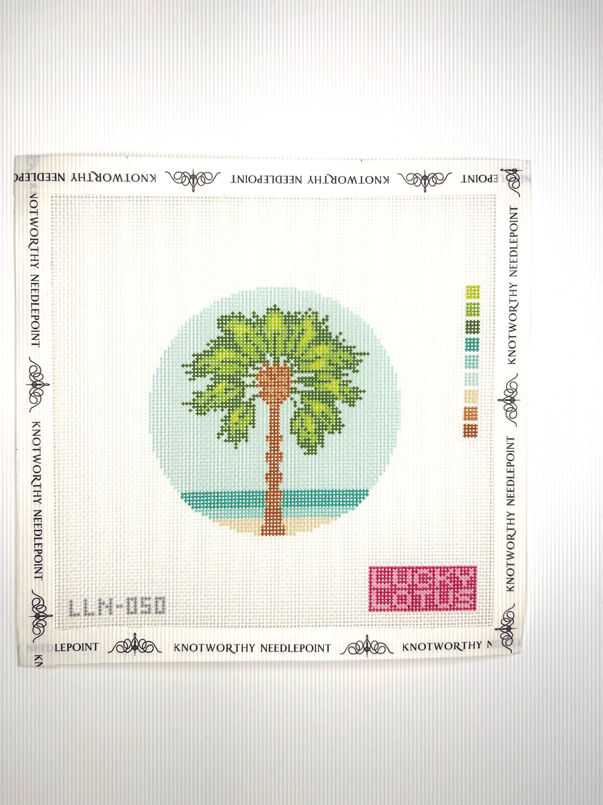 Lucky Lotus Palm Tree Beach 4 inch round 18 mesh needlepoint canvas