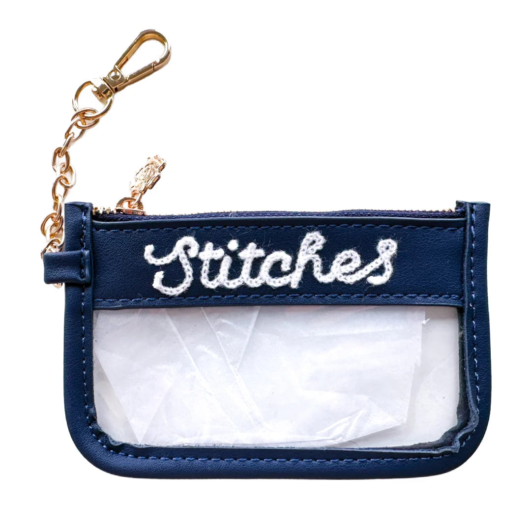 Penny Linn Mini Navy Stitches clear zip pouch for needlepoint tools and accessories