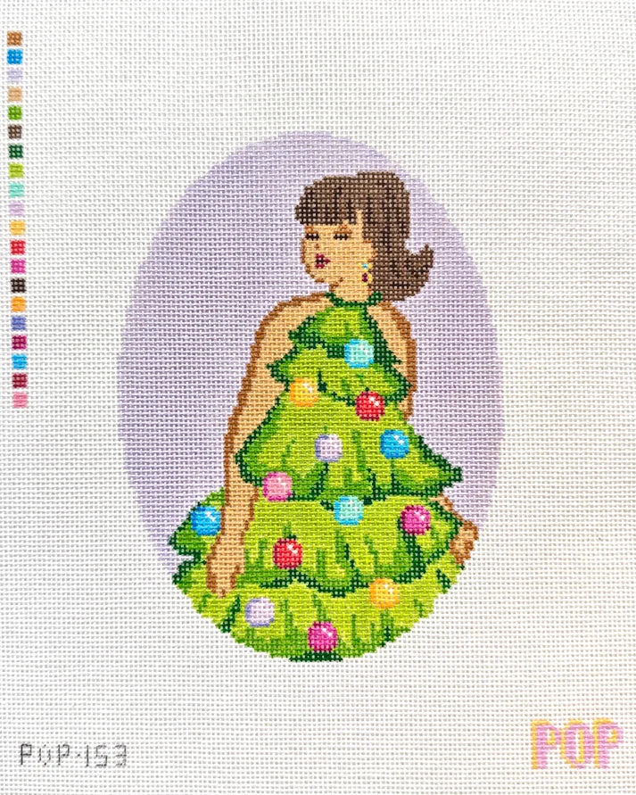 POP Needle Arts Christmas Tree Dress Oval hand-painted 18 mesh Christmas needlepoint canvas