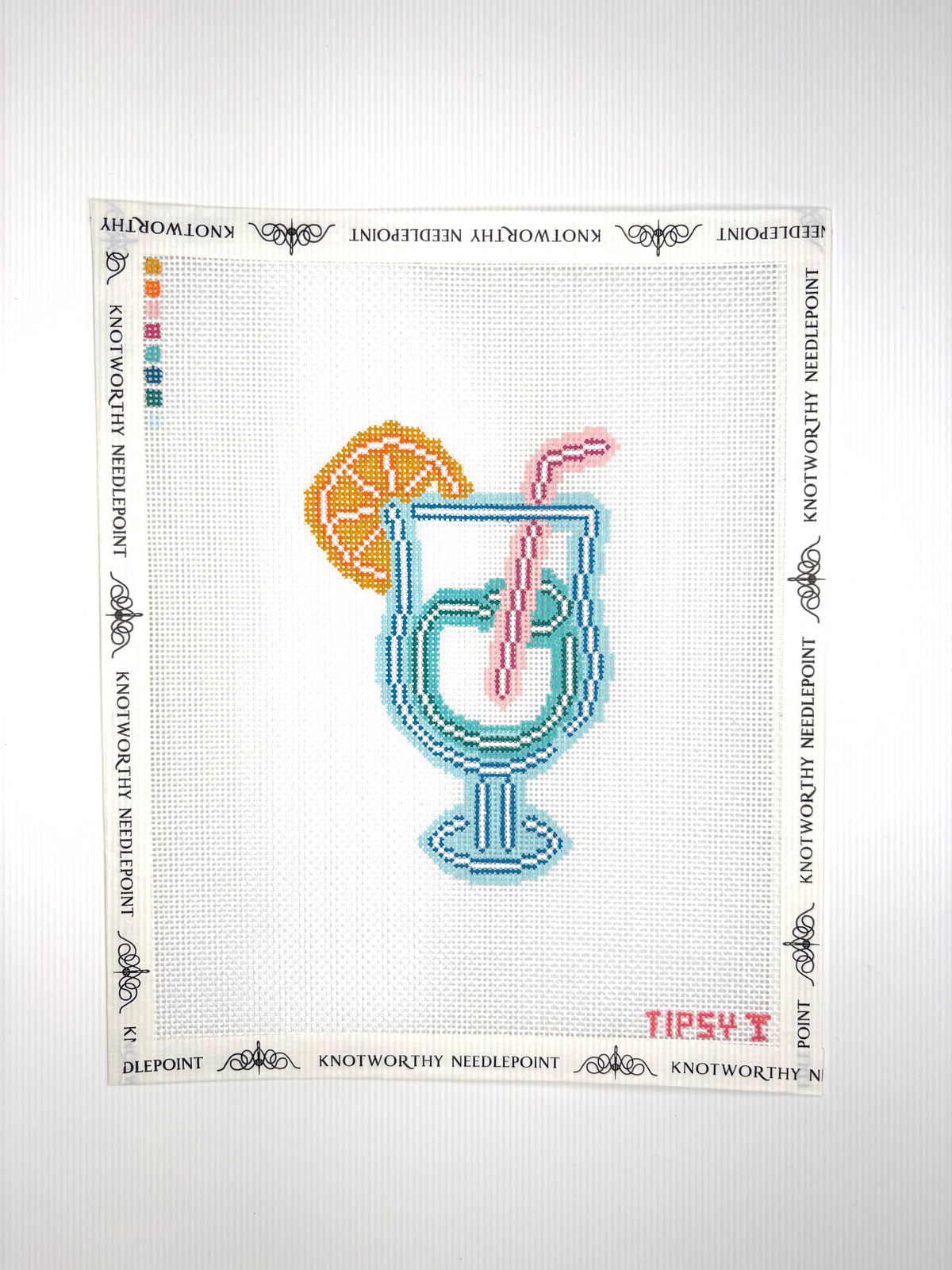 Threaded & Tipsy Neon Cocktail stitch-painted 18 mesh needlepoint canvas with colorful neon cocktail glass