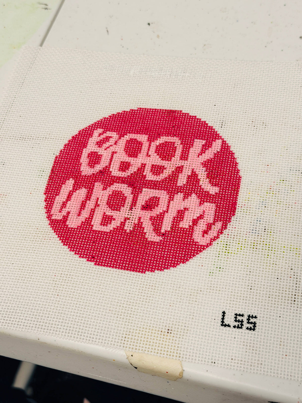 Let's Stitch Studio Book Worm needlepoint ornament canvas detail