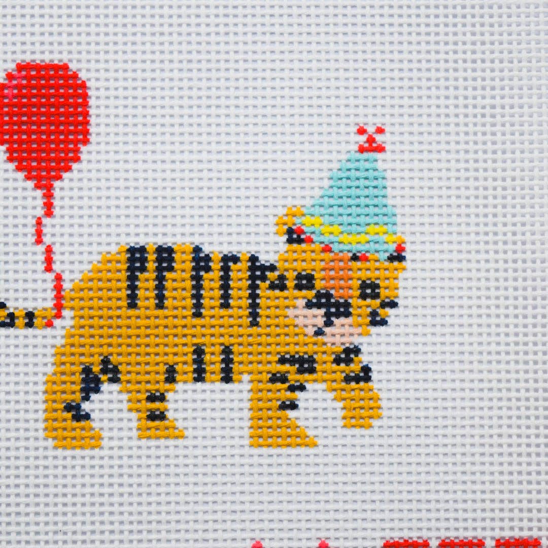 La Fete Needlepoint Party Animals Tiger 13 mesh canvas detail