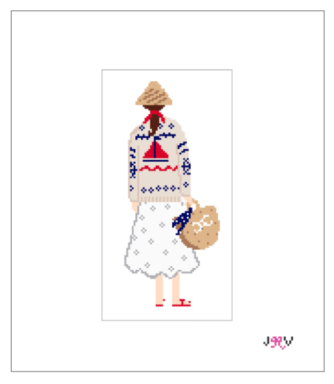 Jennifer Vallez JV102 Sailboat Girl 18 mesh Stitch Printed needlepoint canvas