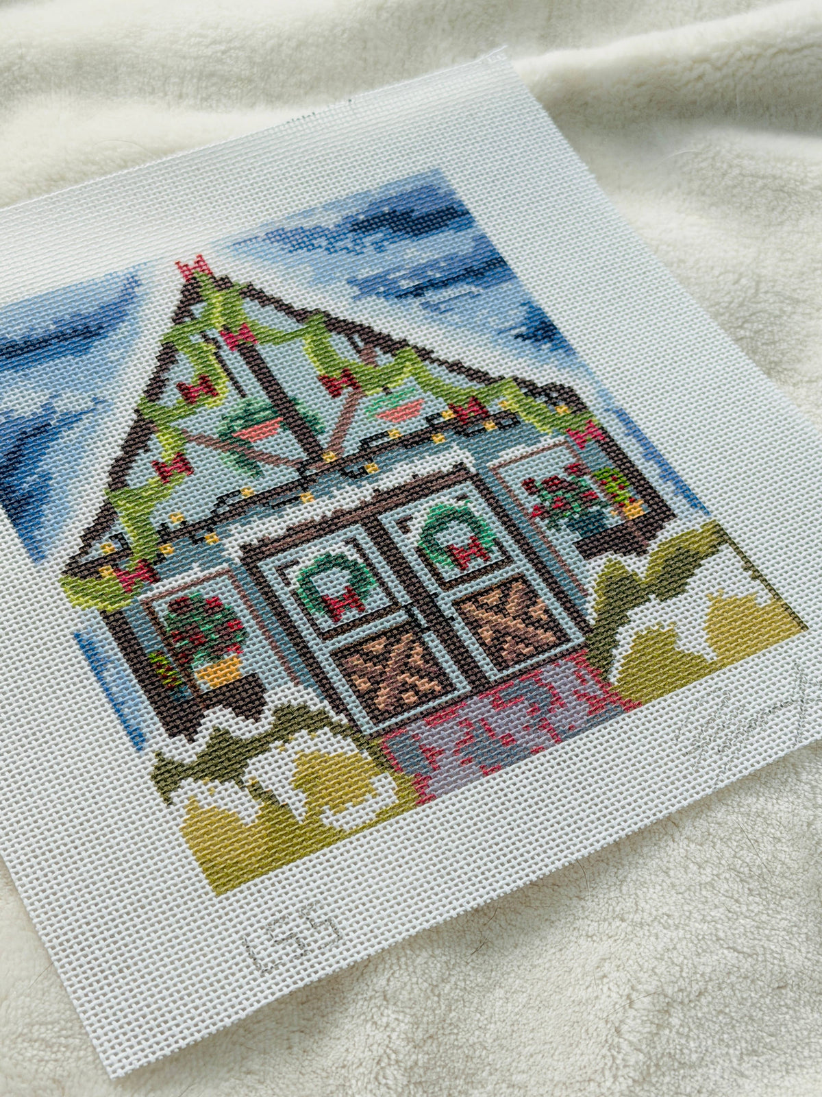 Let's Stitch Studio Snowy Greenhouse needlepoint canvas detail