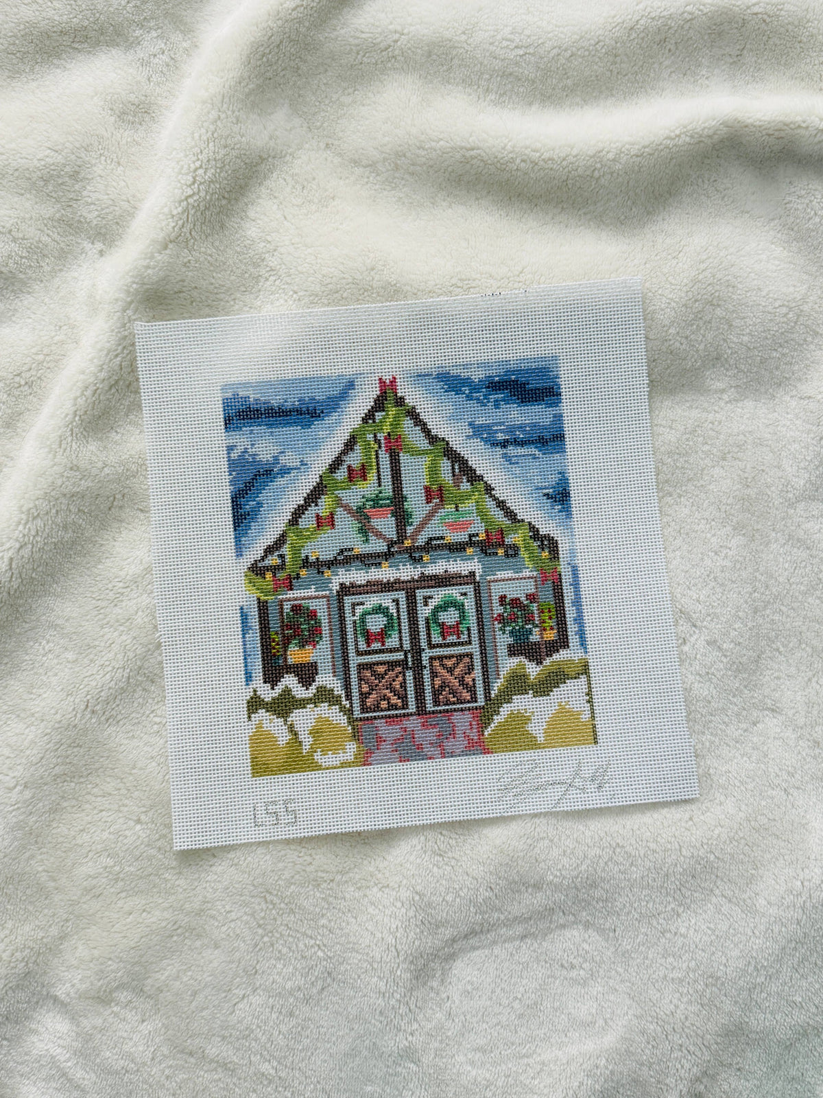 Let's Stitch Studio Snowy Greenhouse hand-painted 18 mesh needlepoint canvas