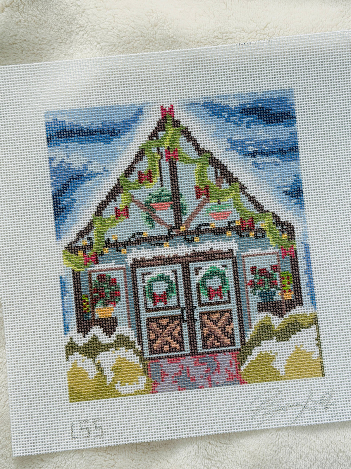 Snowy Greenhouse 18 mesh needlepoint canvas detail