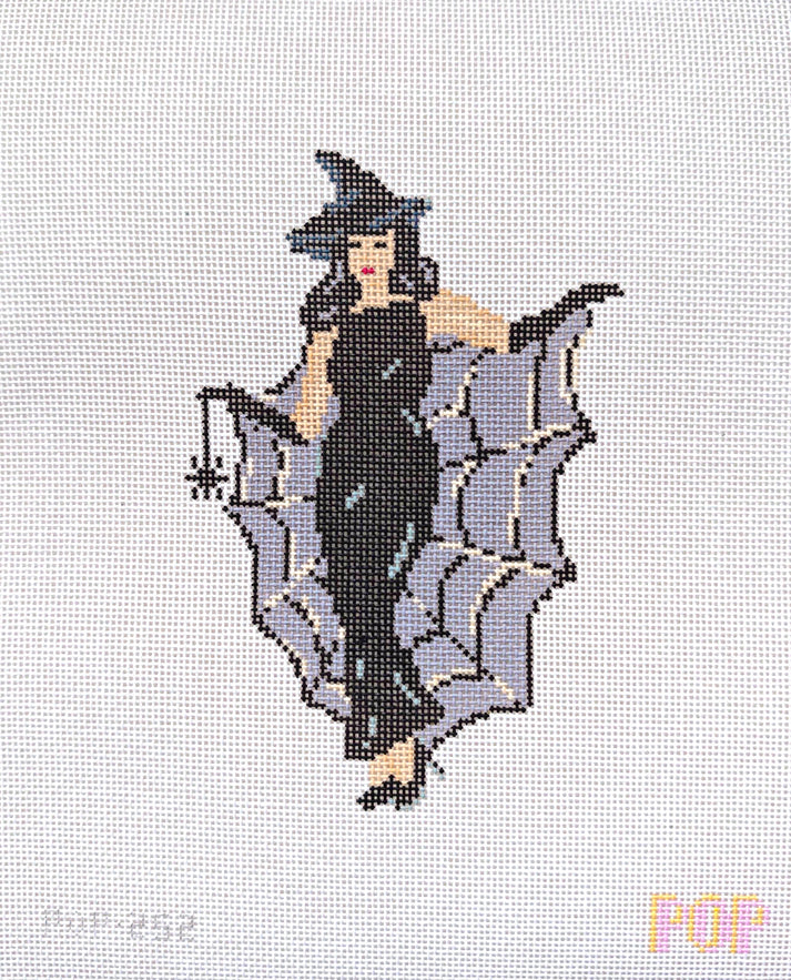 Spider Web Woman – Black Hair Hand-Painted Needlepoint Canvas – 18 Mesh | POP Needle Arts