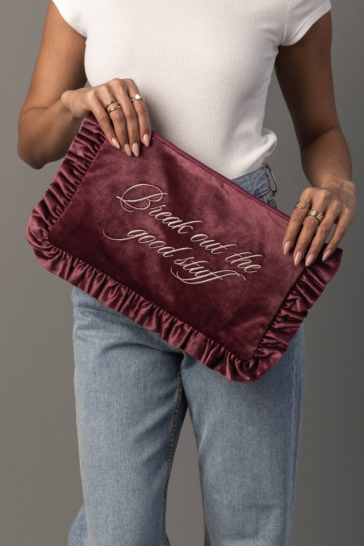 Break Out The Good Stuff mauve ruffle needlepoint travel pouch detail