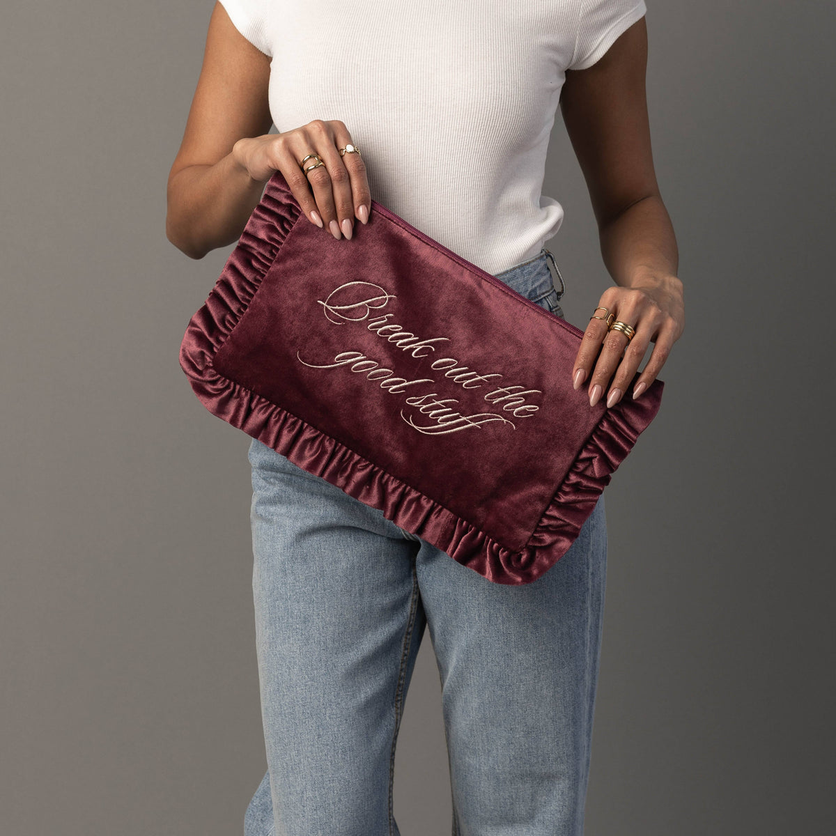 Break Out The Good Stuff mauve ruffle plastic-free needlepoint travel project pouch