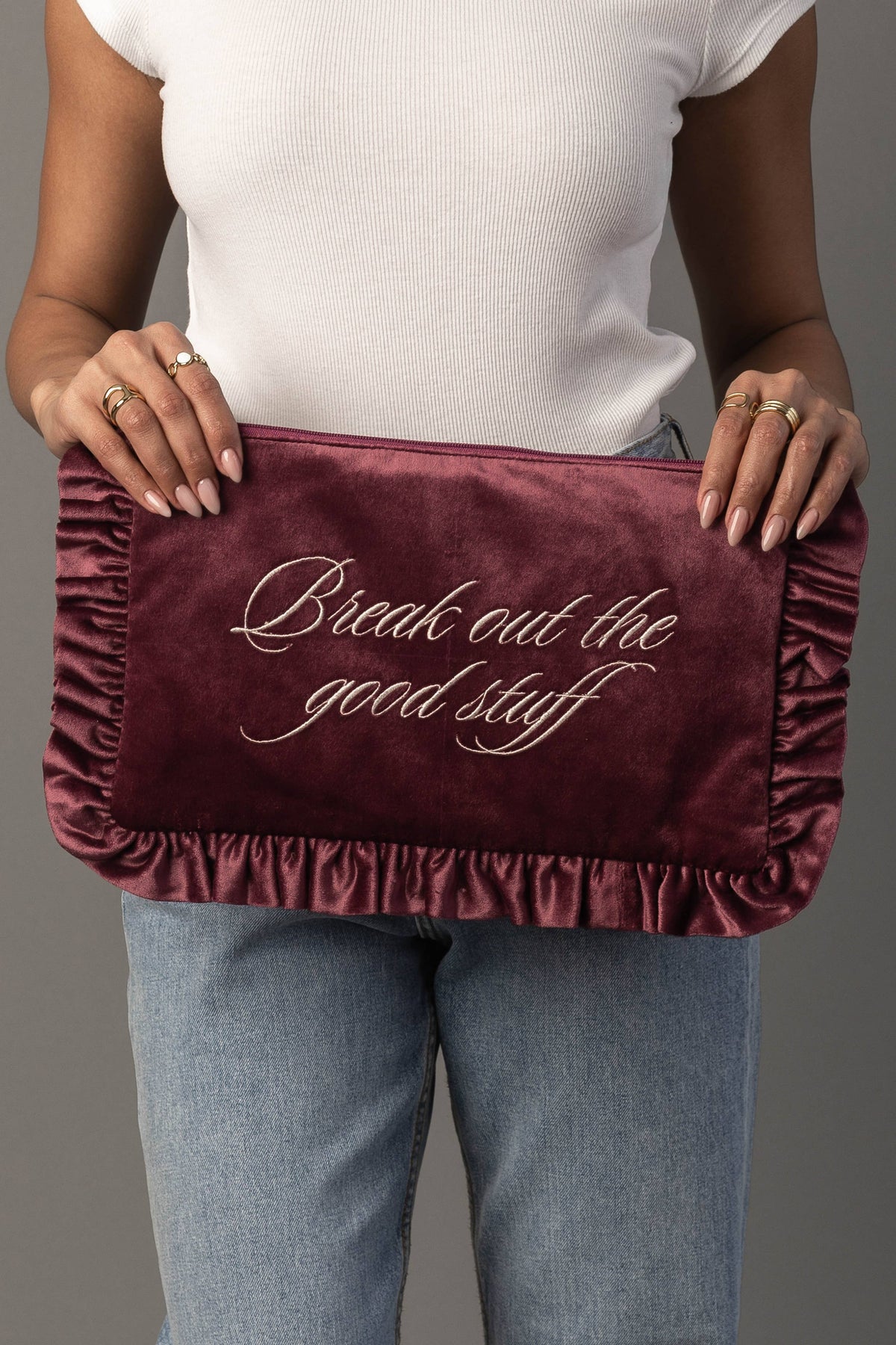 Break Out The Good Stuff mauve ruffle needlepoint travel pouch additional view