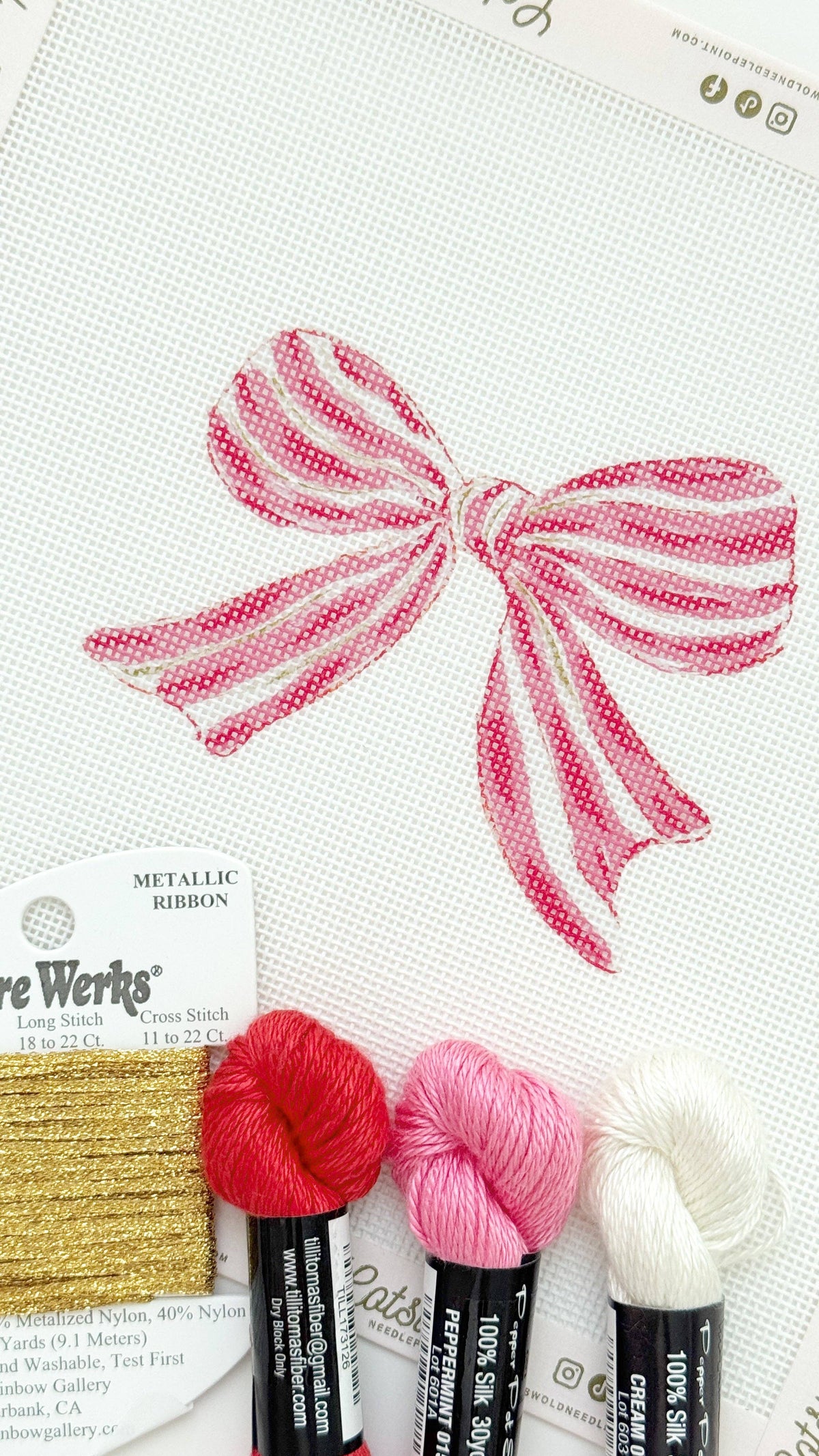 Cotswold Co Designs Christmas bow artisan printed needlepoint canvas detail