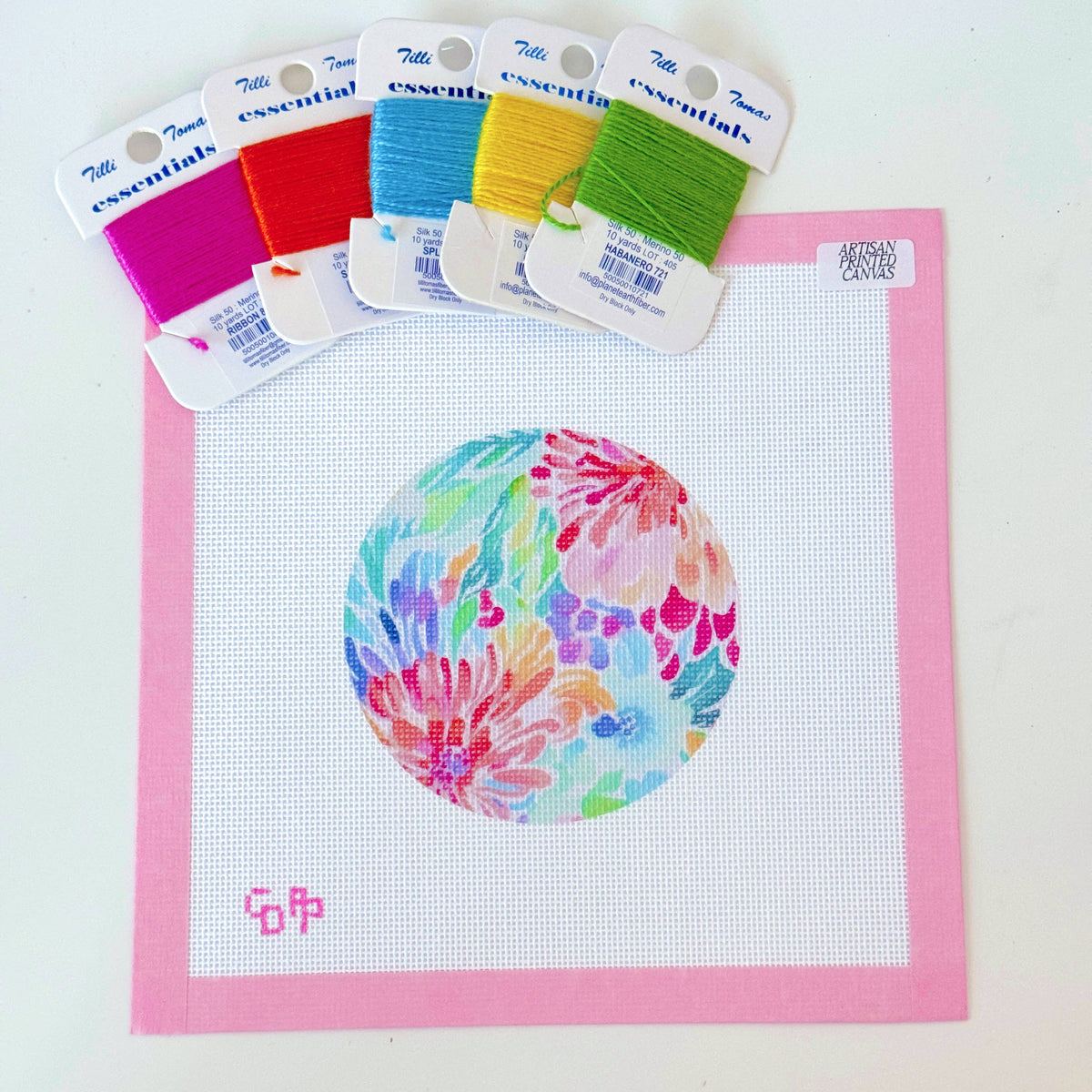 Cotswold Co Designs Floral Round Ornament artisan printed needlepoint canvas with 4-inch round design
