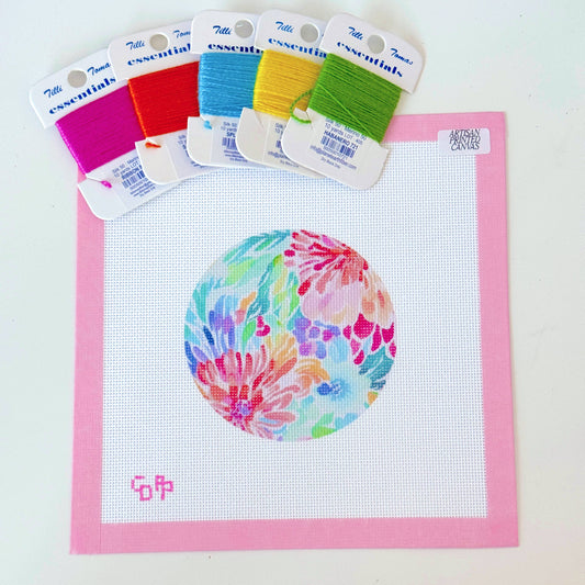 Cotswold Co Designs Floral Round Ornament artisan printed needlepoint canvas with 4-inch round design