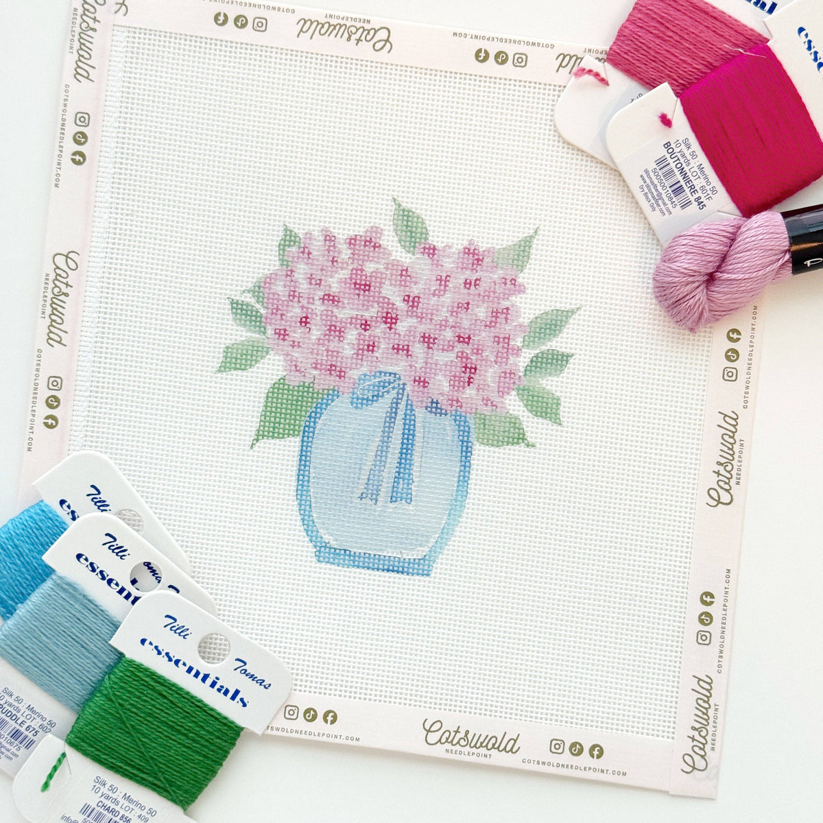 Pink Hydrangea Flower Vase needlepoint canvas by Cotswold Co Designs, 3.5 x 4 design on 18 mesh