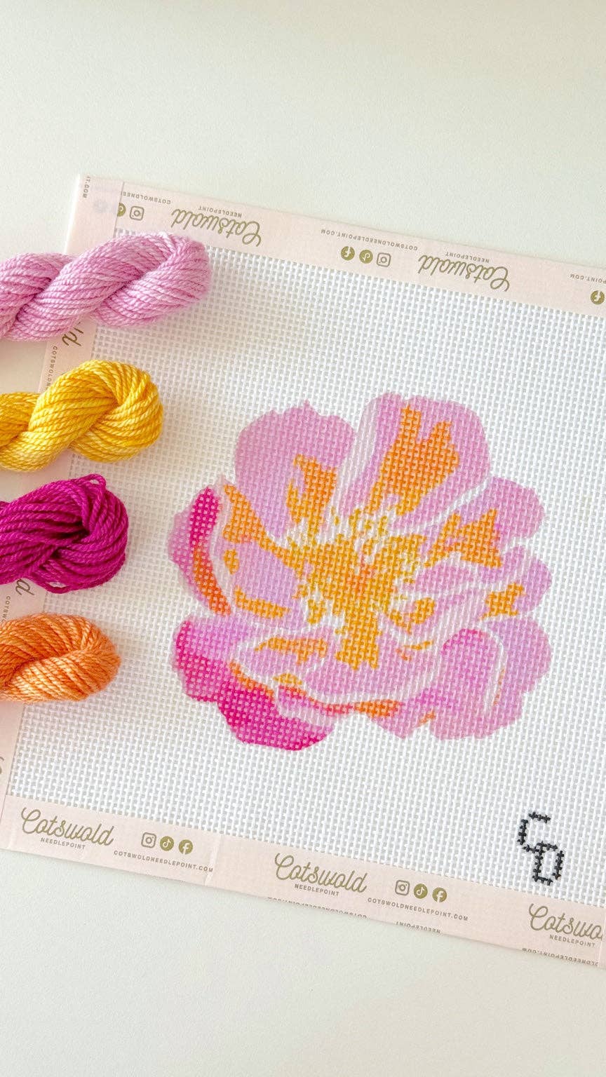 Pink and Orange Flower 13 mesh needlepoint canvas by Cotswold Co Designs, 4 x 4 design