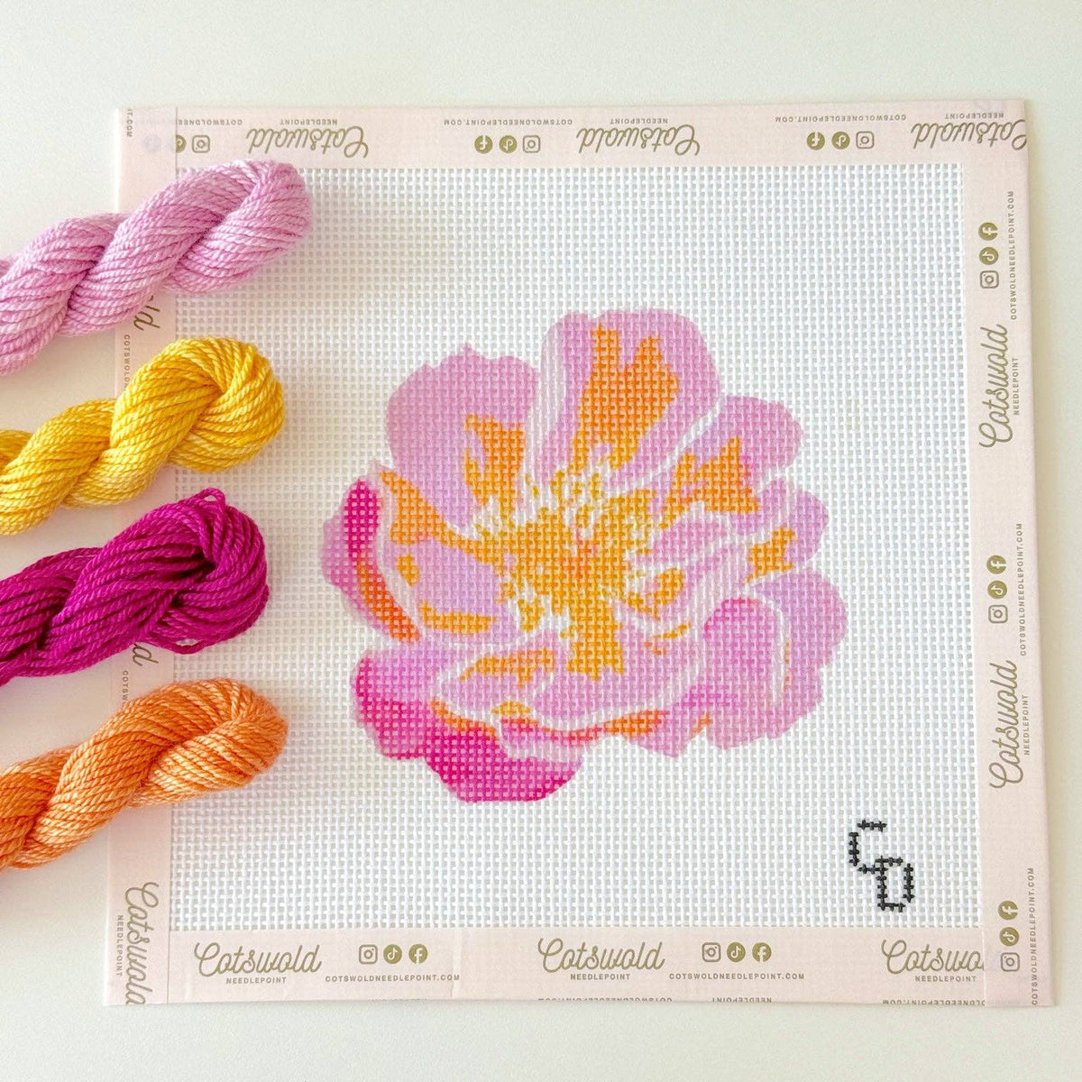 Cotswold Co Designs Pink and Orange Flower 13 mesh needlepoint canvas with 4 x 4 floral design