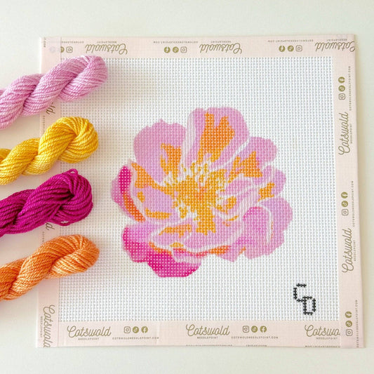 Cotswold Co Designs Pink and Orange Flower 13 mesh needlepoint canvas with 4 x 4 floral design