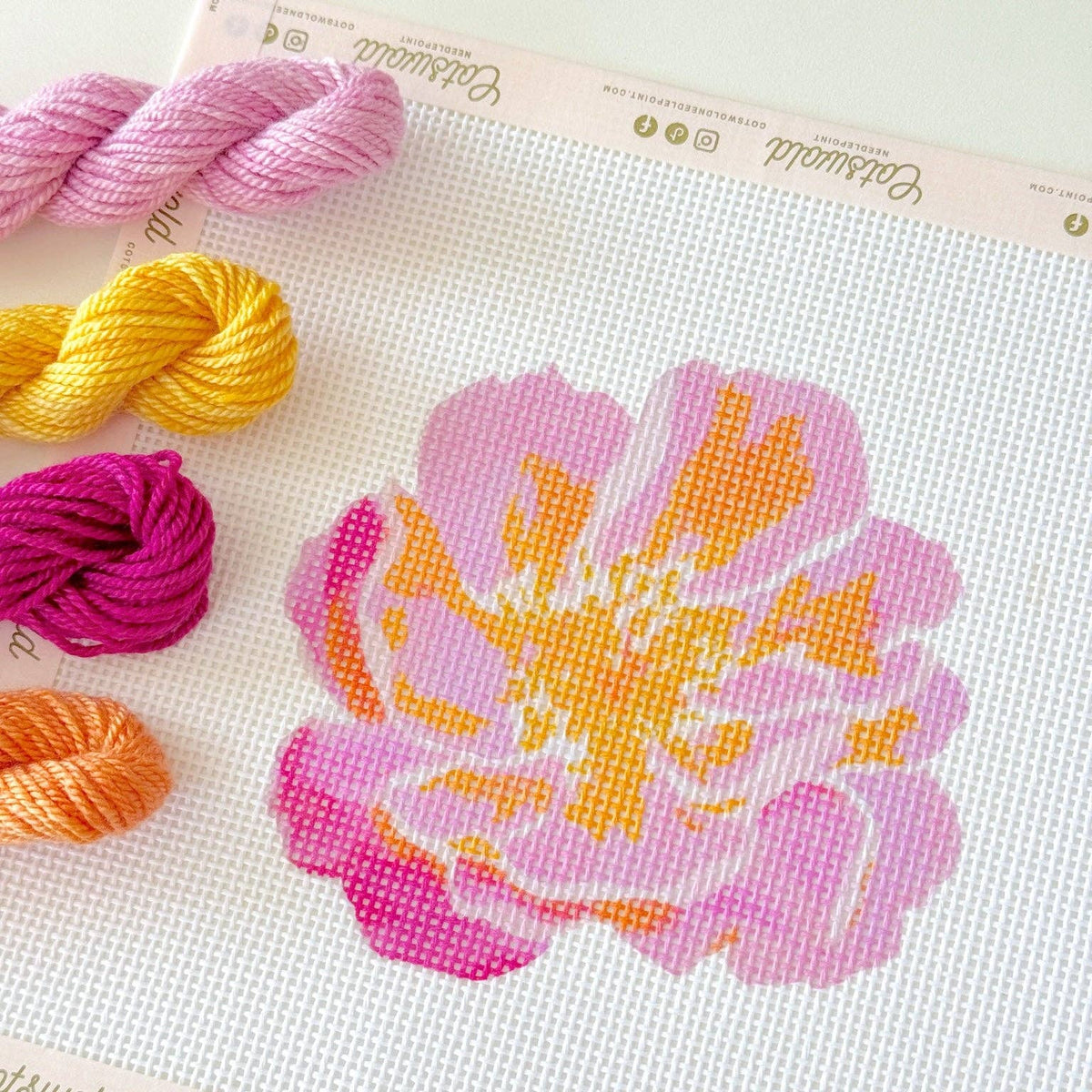 Cotswold Co Designs pink and orange floral needlepoint canvas detail