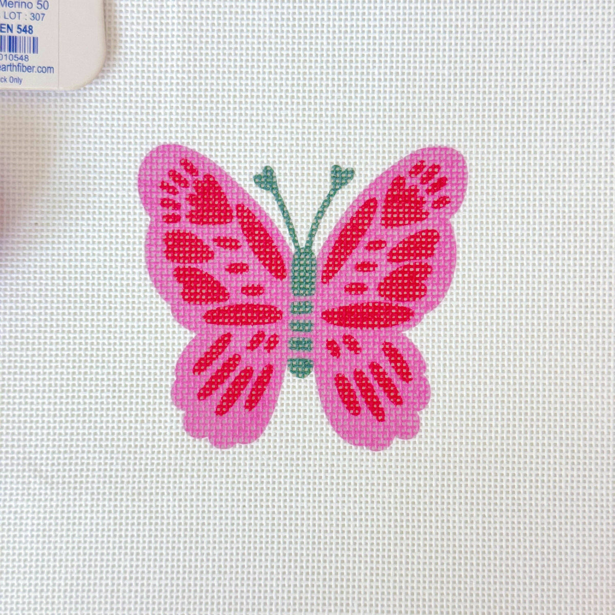 Pink and Red Butterfly needlepoint canvas by Cotswold Co Designs, 4 x 4 design on 18 mesh