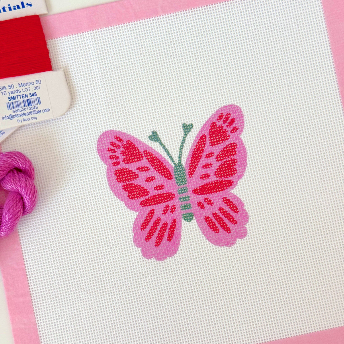 Cotswold Co Designs Pink and Red Butterfly 18 mesh artisan printed needlepoint canvas