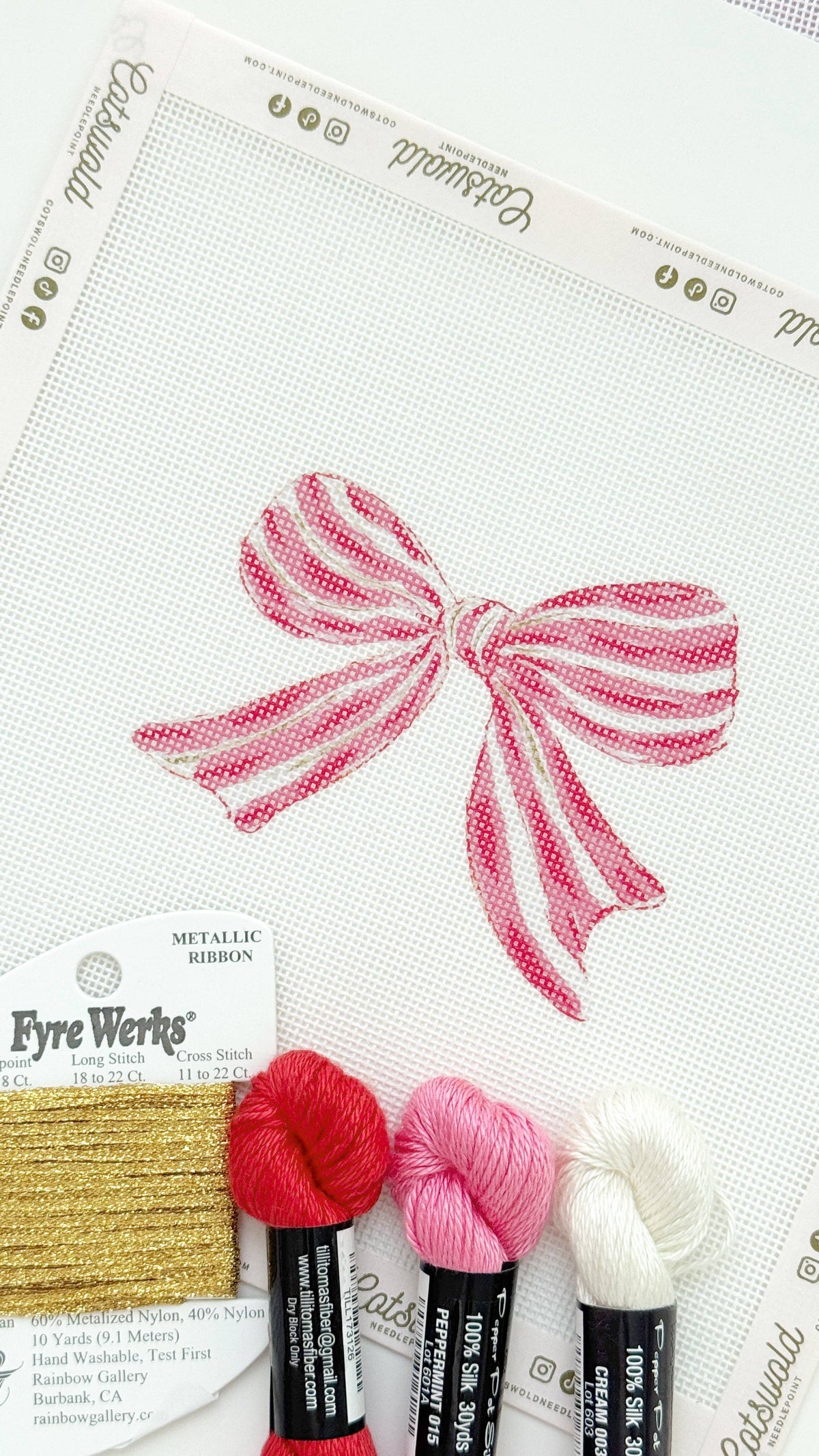 Cotswold Co Designs pink red and cream striped bow needlepoint canvas detail