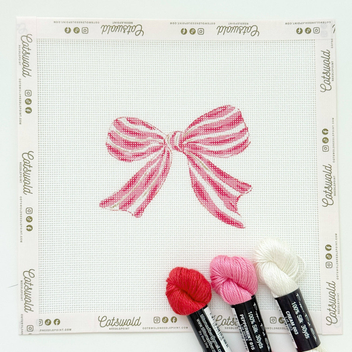Cotswold Co Designs Pink and Red Striped Bow Christmas 18 mesh needlepoint canvas