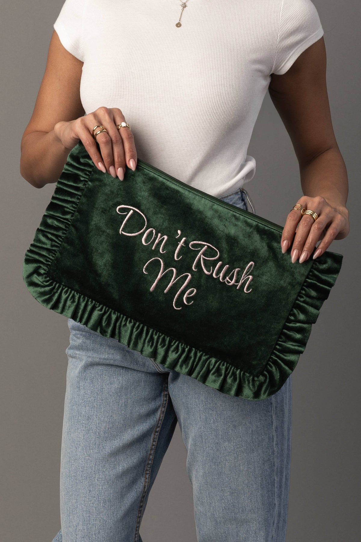 Don't Rush Me green ruffle needlepoint travel pouch detail