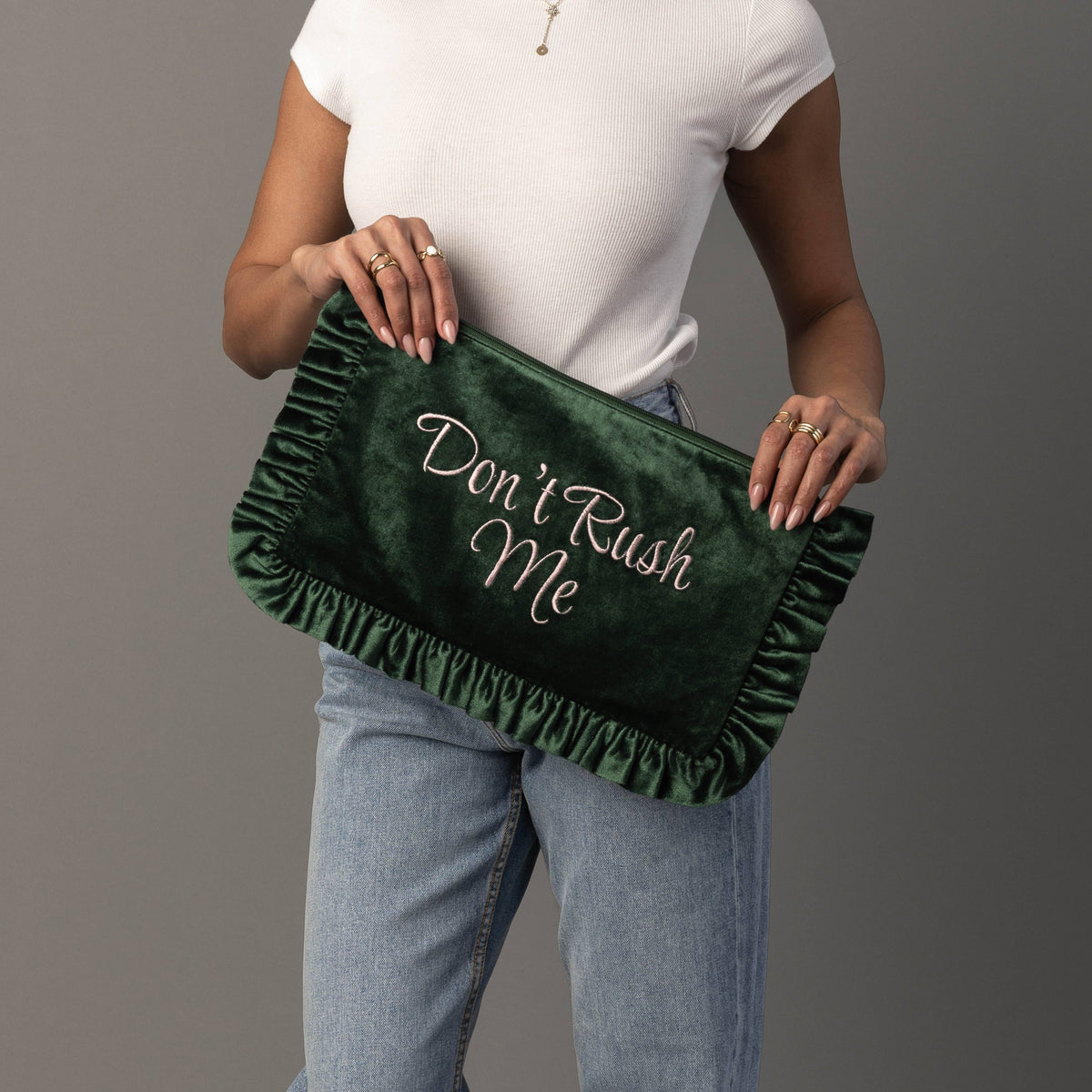 Don't Rush Me green ruffle plastic-free needlepoint travel project pouch