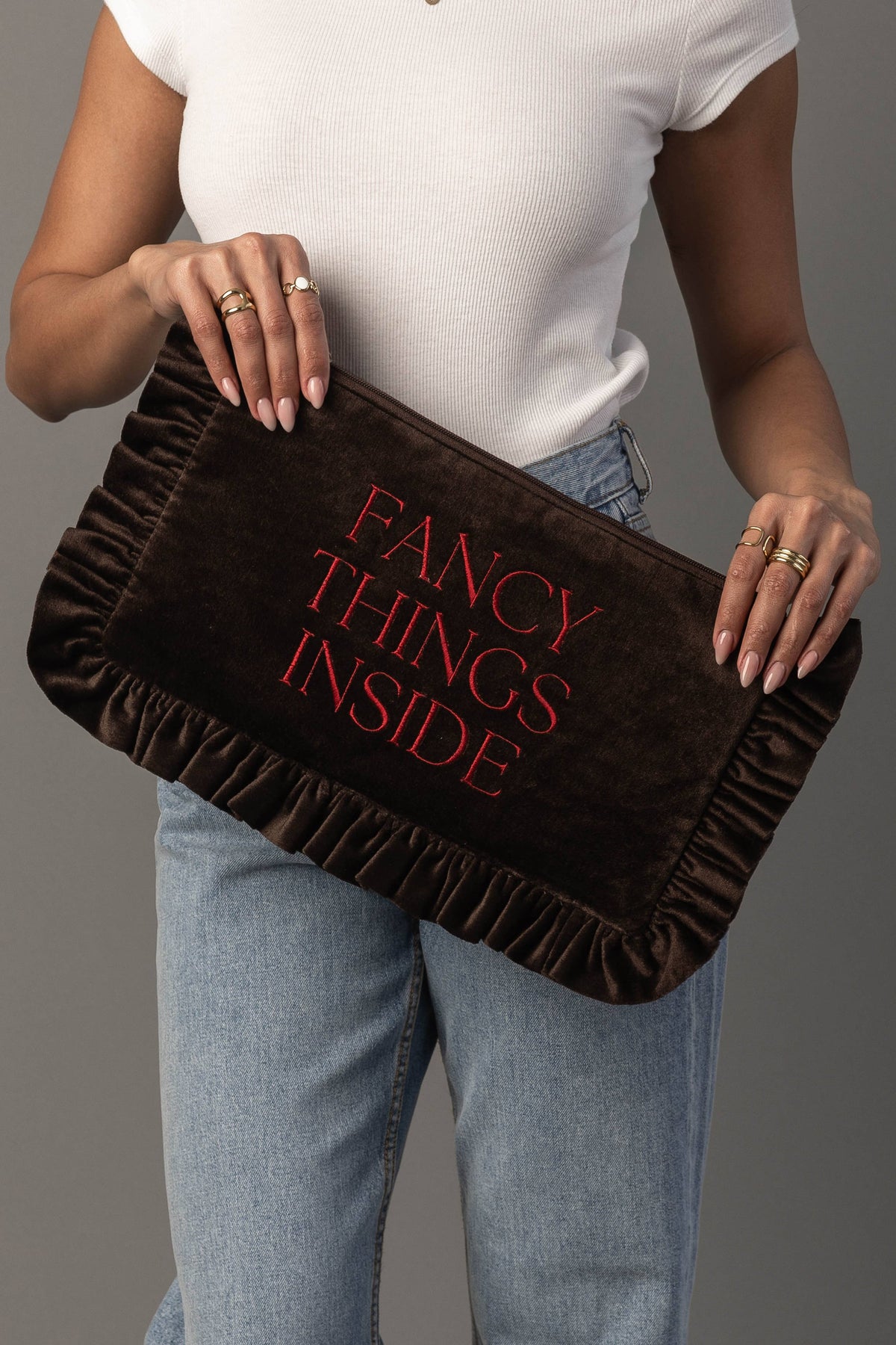 Fancy Things Inside ruffle needlepoint travel pouch detail