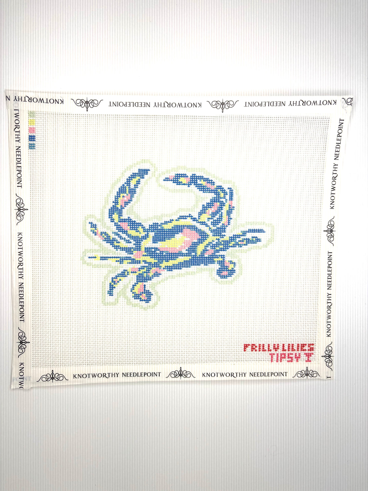 Frilly Lillies Pastel Crab stitch-printed 18 mesh needlepoint canvas with colorful coastal design