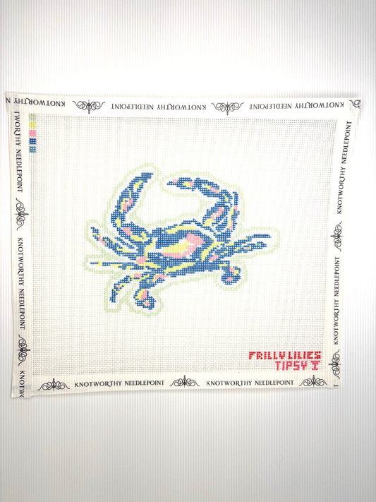 Frilly Lillies Pastel Crab stitch-printed 18 mesh needlepoint canvas with colorful coastal design