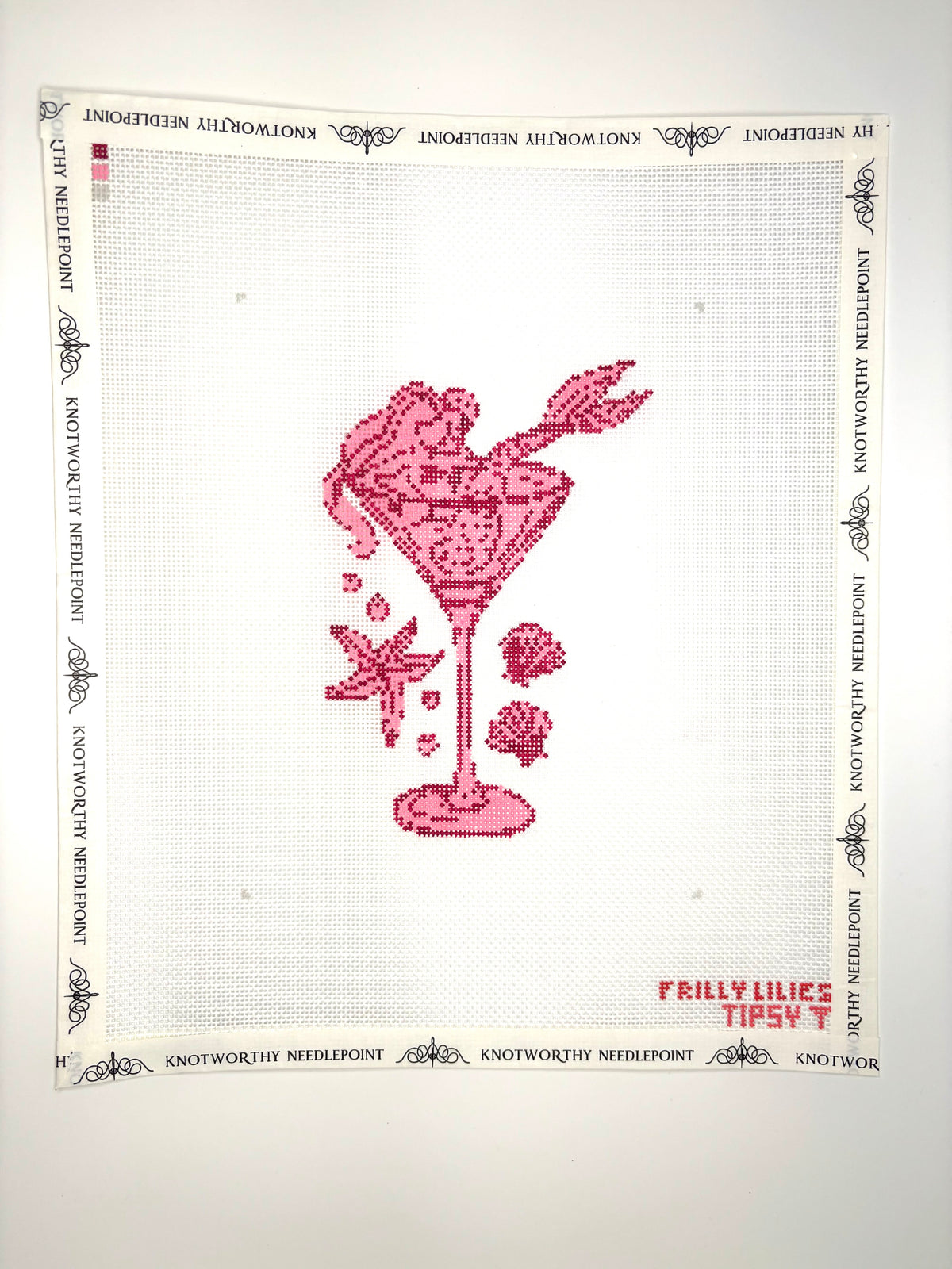 Frilly Lillies Pink Mermaid Martini stitch-painted 18 mesh needlepoint canvas