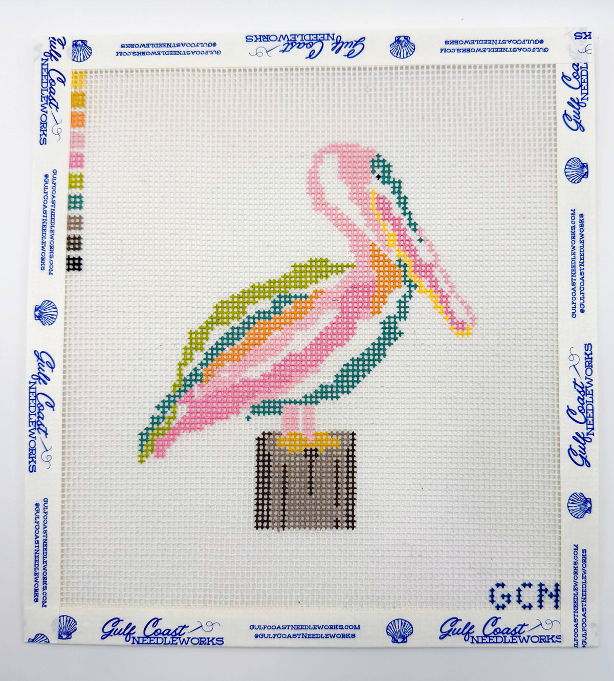 Gulf Coast Needleworks Preppy Pastel Pelican hand-painted 13 mesh needlepoint canvas