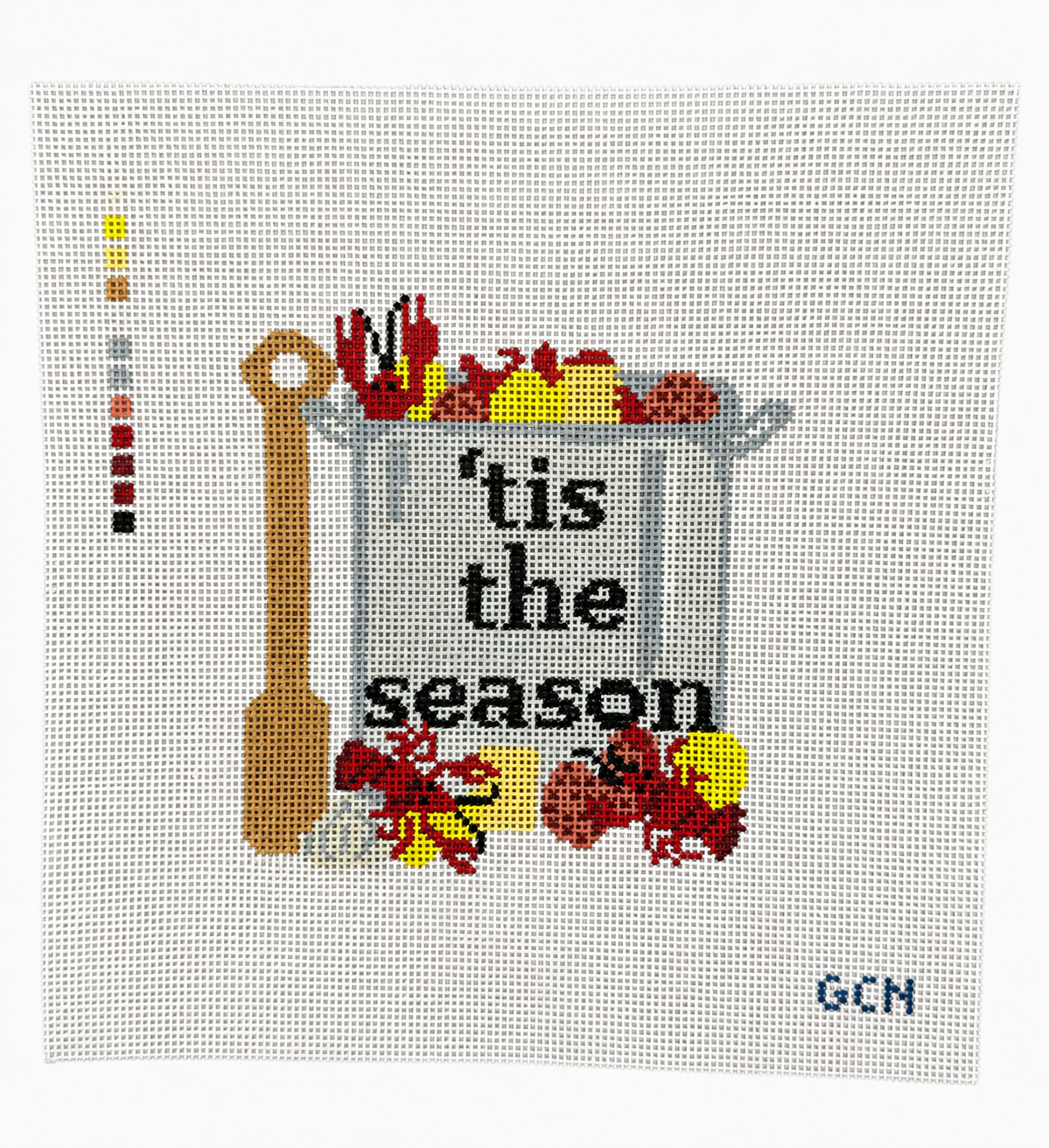 Gulf Coast Needleworks Tis The Season Crawfish Boil hand-painted 18 mesh needlepoint canvas