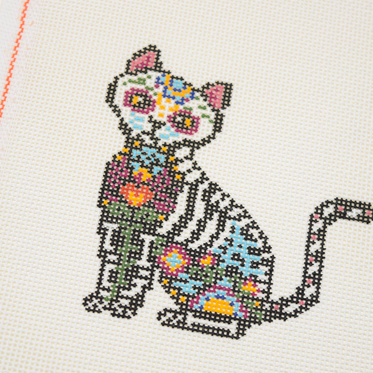 Día de los Muertos Cat needlepoint canvas by La Fete Needlepoint, 13 mesh hand-painted design