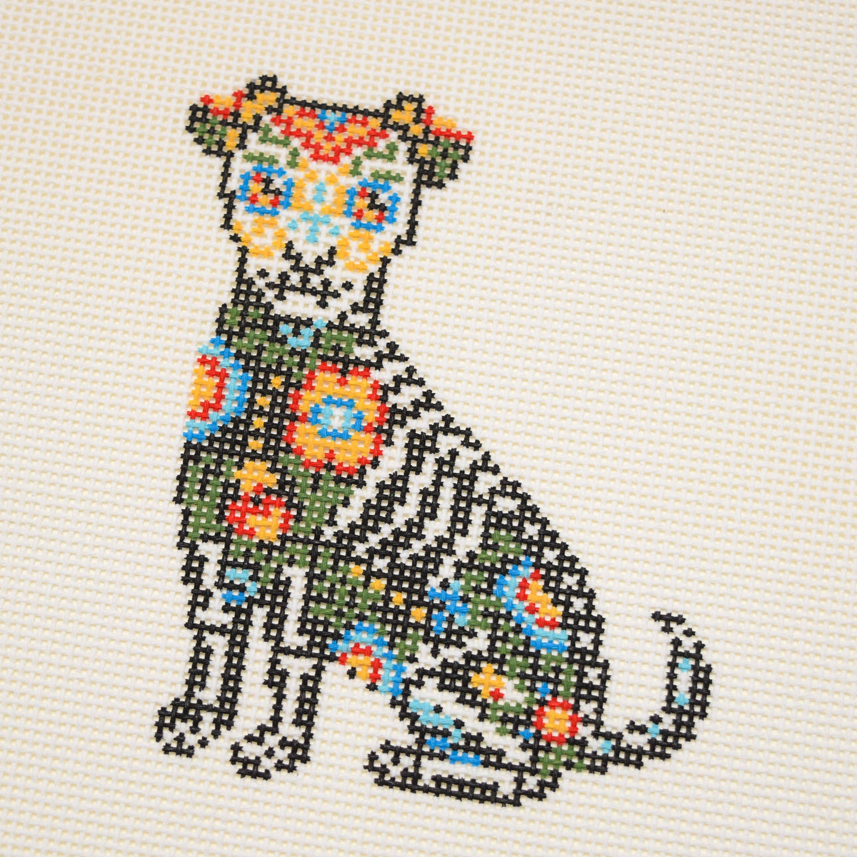 Día de los Muertos Dog needlepoint canvas by La Fete Needlepoint, 13 mesh hand-painted design