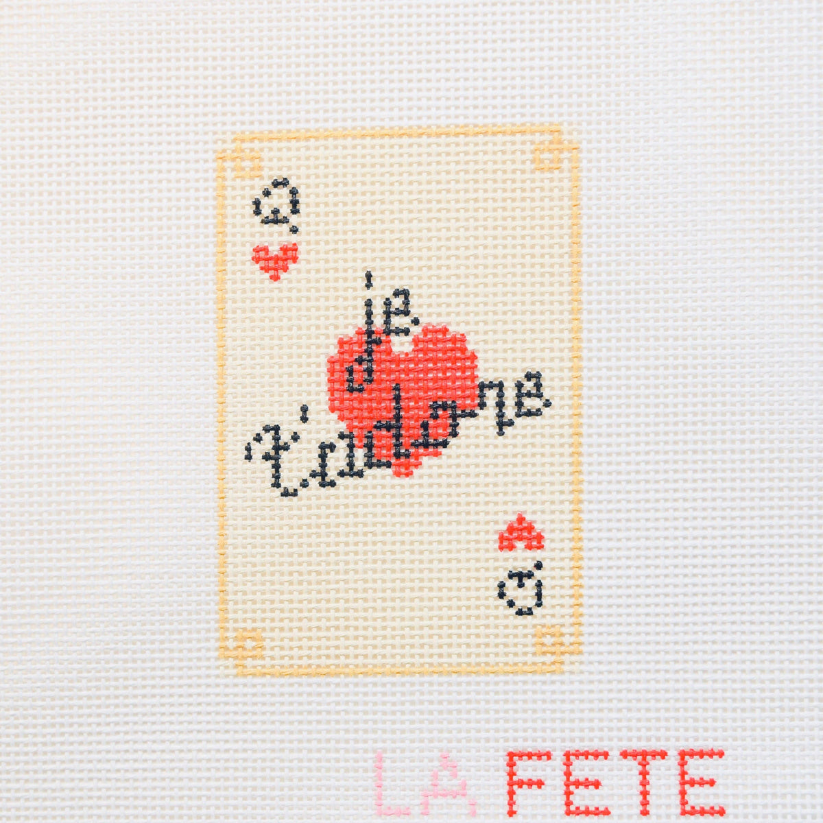 Le T’adore romantic playing card needlepoint canvas by La Fete Needlepoint, 13 mesh