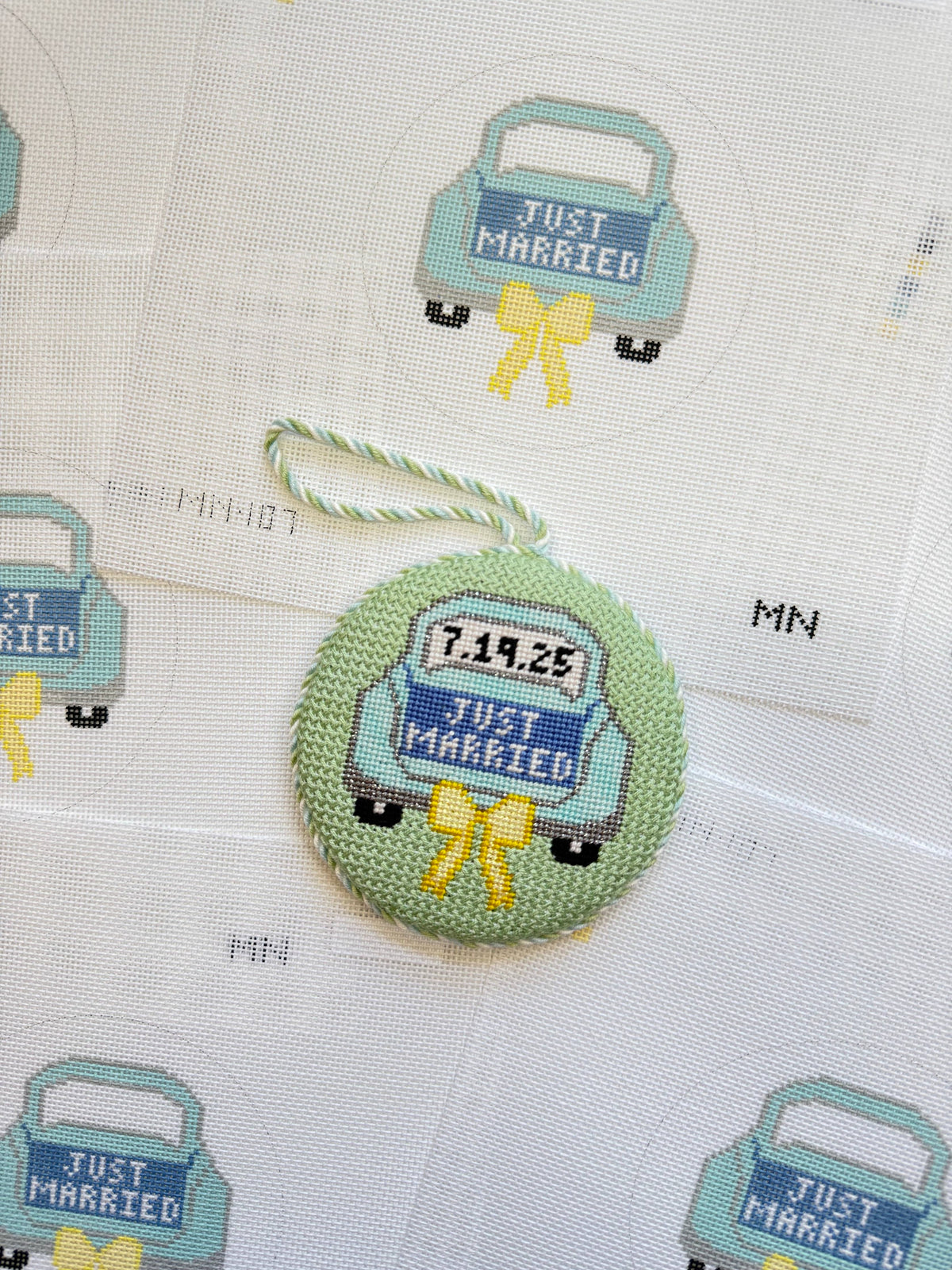 Magnolia Needlepoint MN-107 Just Married teal car yellow bow hand-painted 18 mesh wedding needlepoint canvas