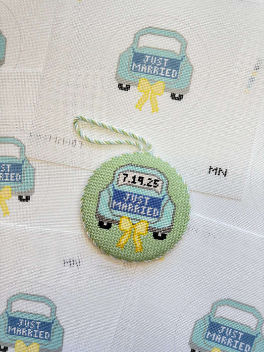Magnolia Needlepoint MN-107 Just Married teal car yellow bow hand-painted 18 mesh wedding needlepoint canvas