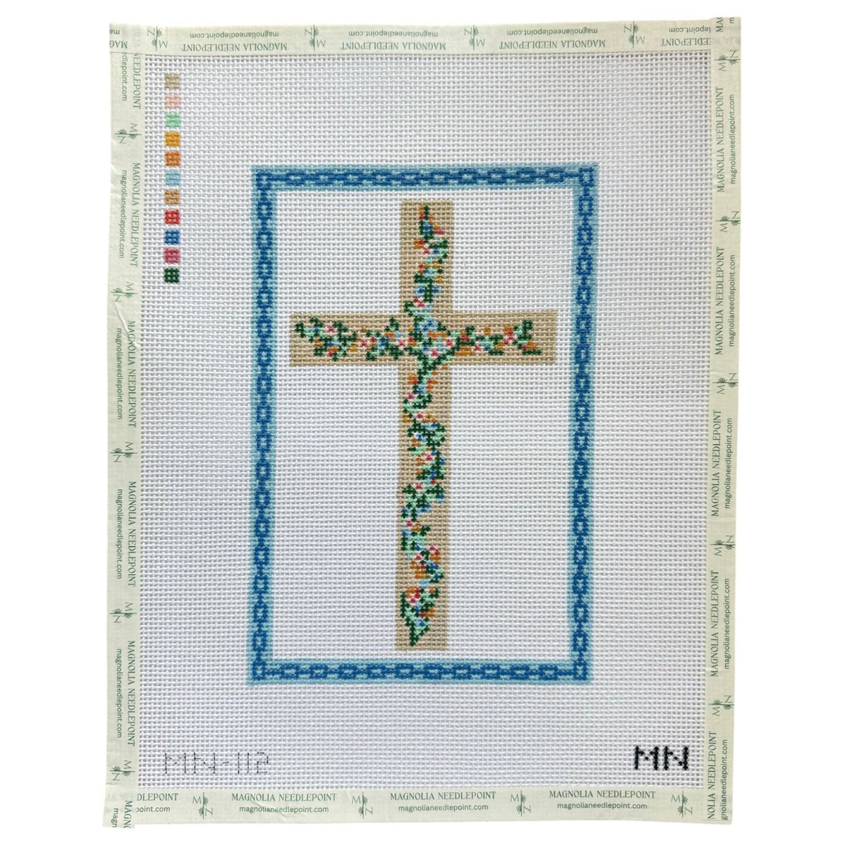 Magnolia Needlepoint MN-112 Floral Cross Blue Chain Border hand-painted 13 mesh needlepoint canvas
