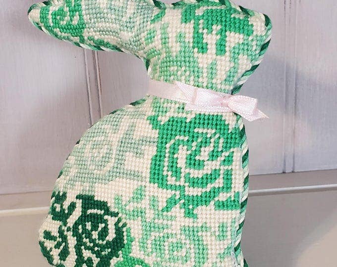 MercyBird Floral Easter Bunny hand-painted 13 mesh needlepoint canvas detail