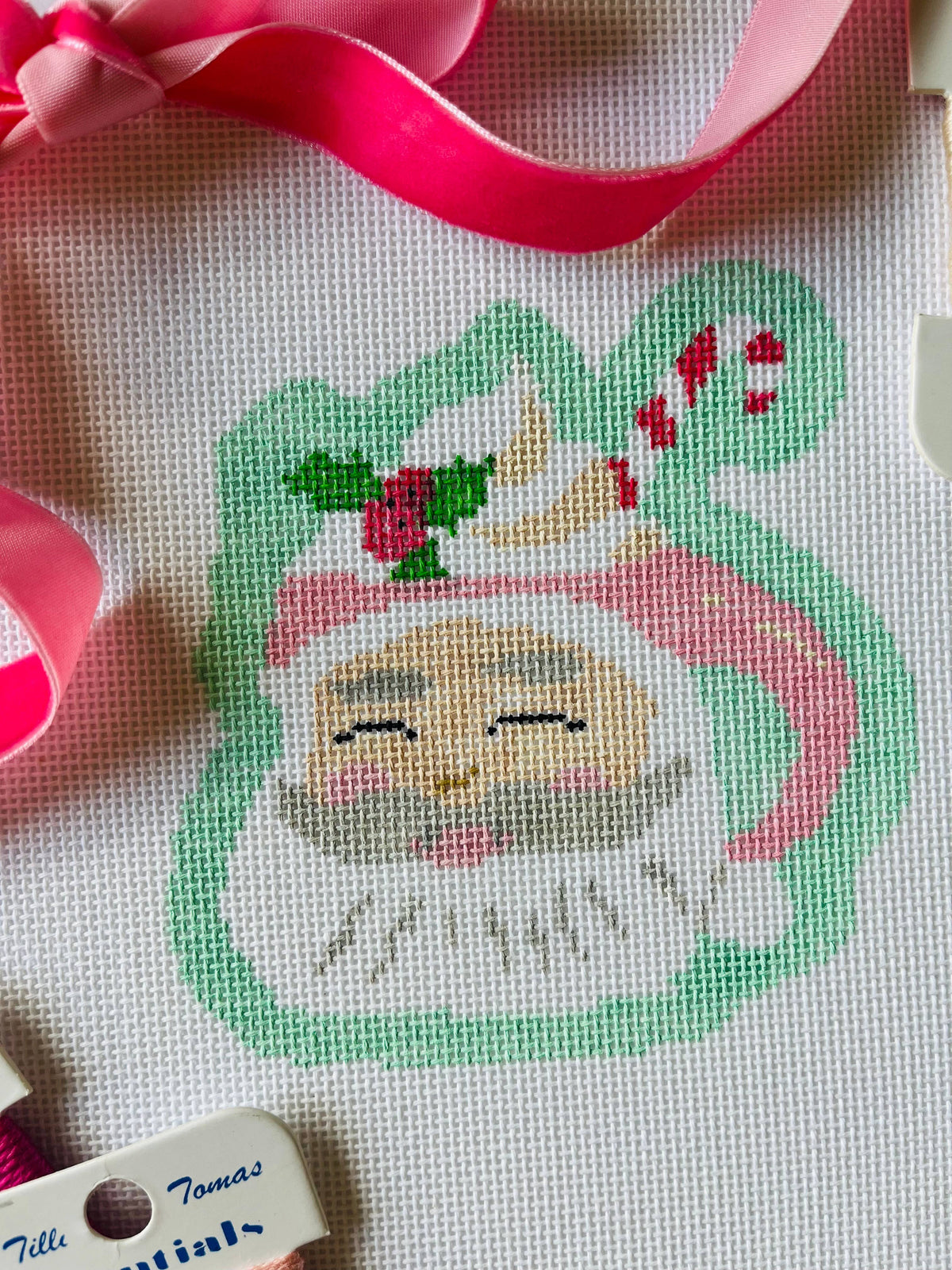 MercyBird Santa Mug hand-painted 13 mesh Christmas needlepoint canvas detail