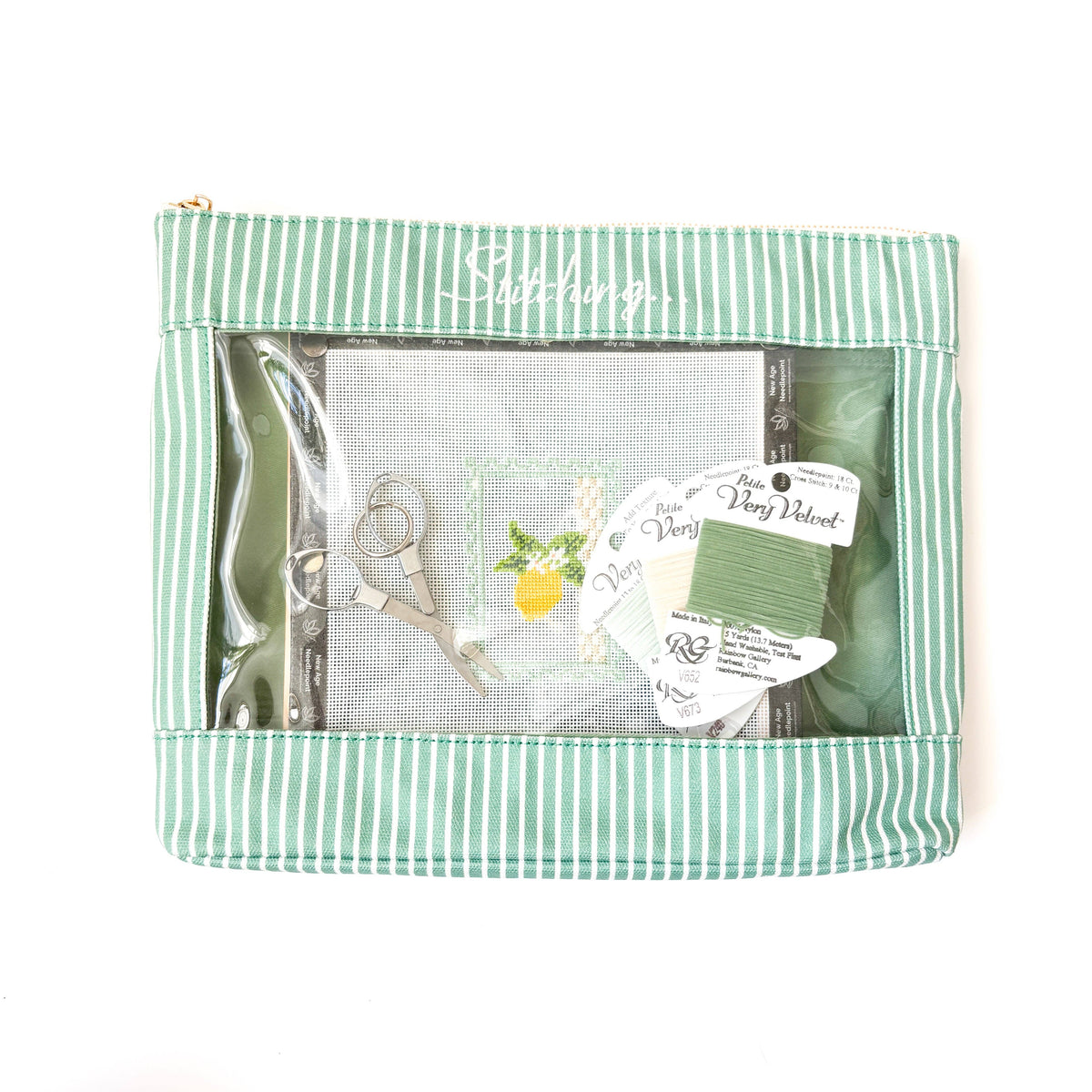 New Age Needlepoint Stitching large green stripe needlepoint project bag