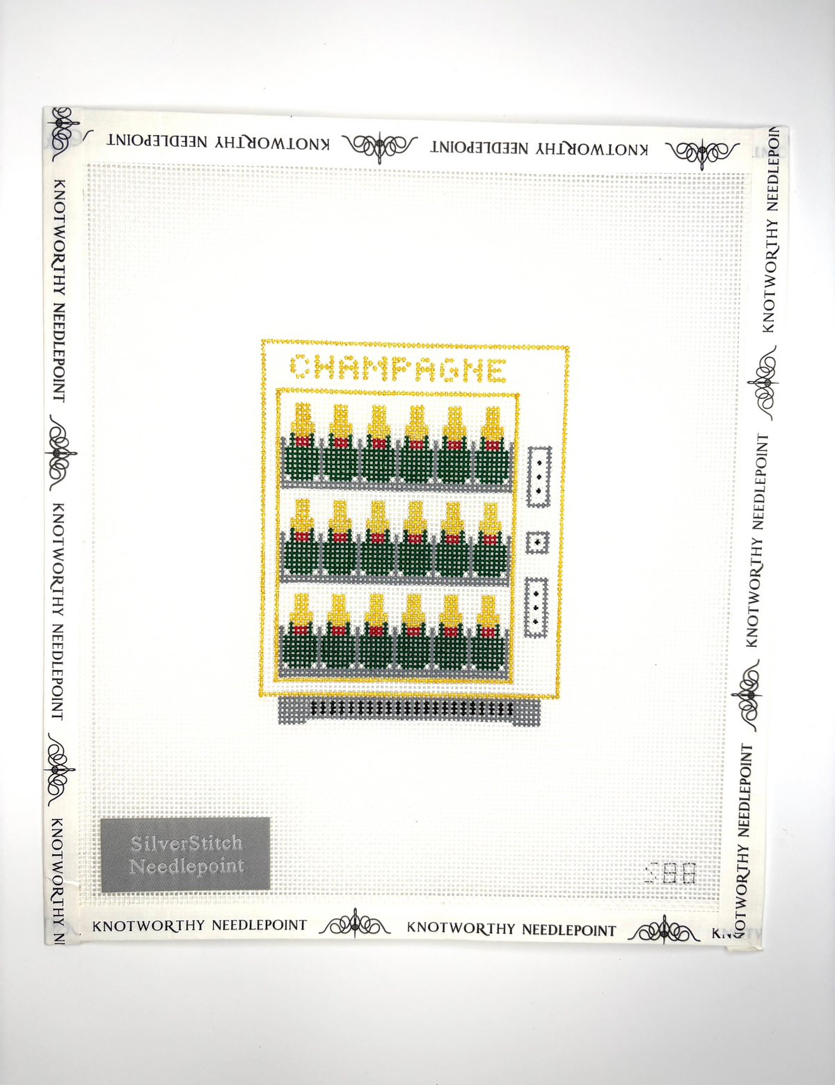 Silver Stitch Champagne Vending Machine stitch-painted 18 mesh needlepoint canvas 3.5 x 4.5 inches